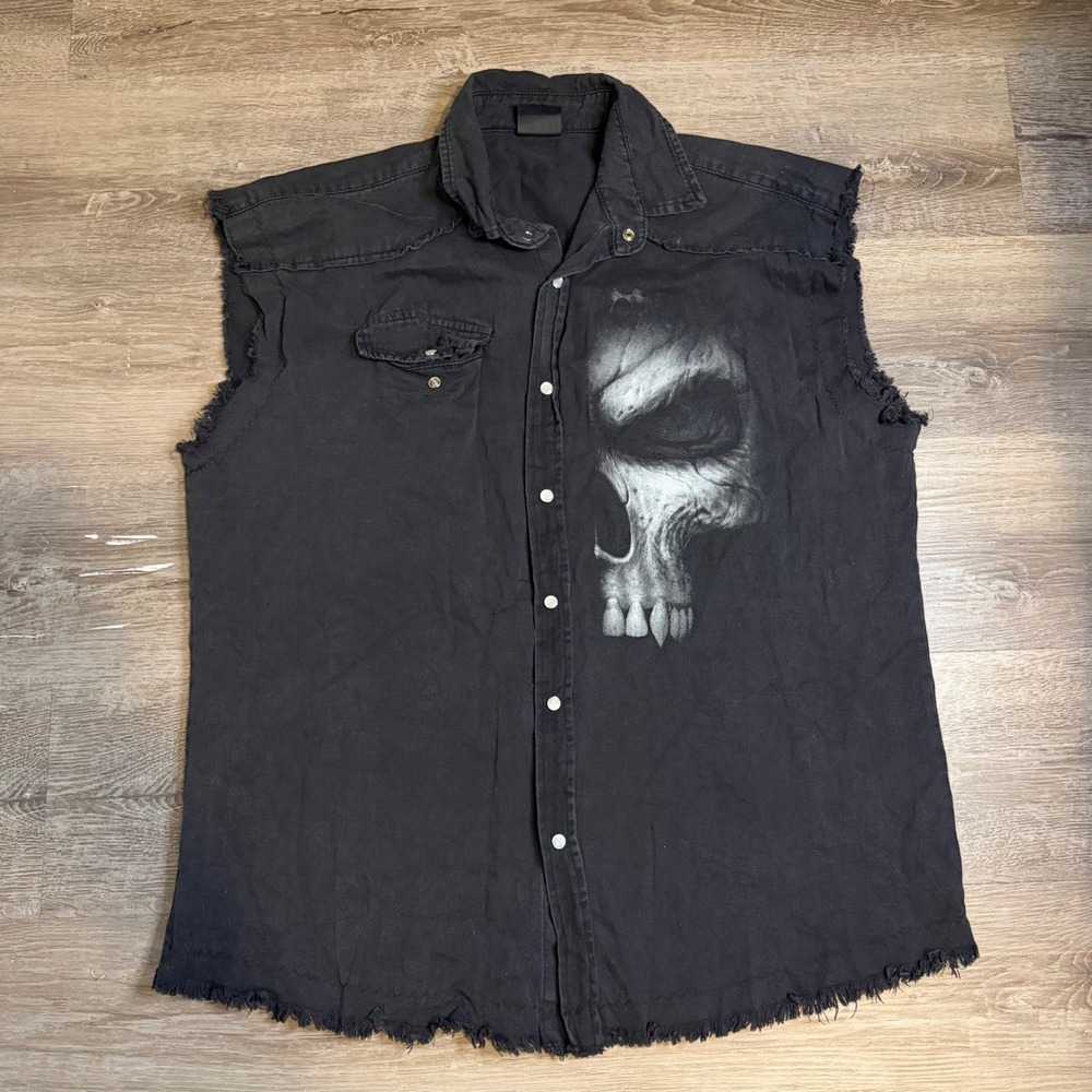 Y2K Skull Grunge Pearl Snap Spiral Direct Mens Black Sleeveless Biker Shirt XL